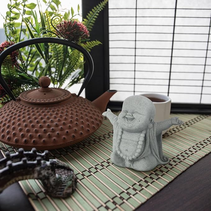 Landical Buddha Sandstone Statues, Zen Monk Praying Statue Sculptures Ornament for Wealth Good Luck Feng Shui Decor Home Office Car Decoration(Laughing Buddha)