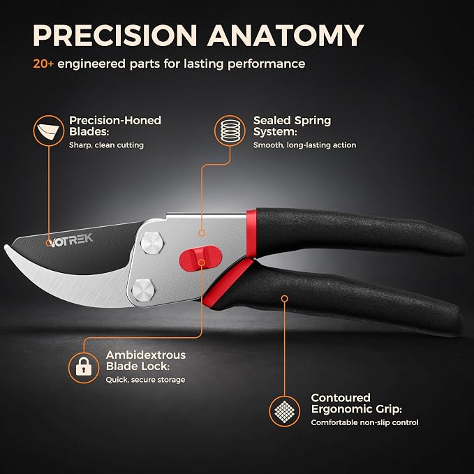 VOTREK® 8.5” Pruning Shears, Professional Garden Pruner with Jam-Proof Spring & Ever-Sharp SK5 Blade, Ergonomic Bypass Clippers for Rose, Tree Trimming, Heavy Duty Bonsai Scissor for Weak Hand