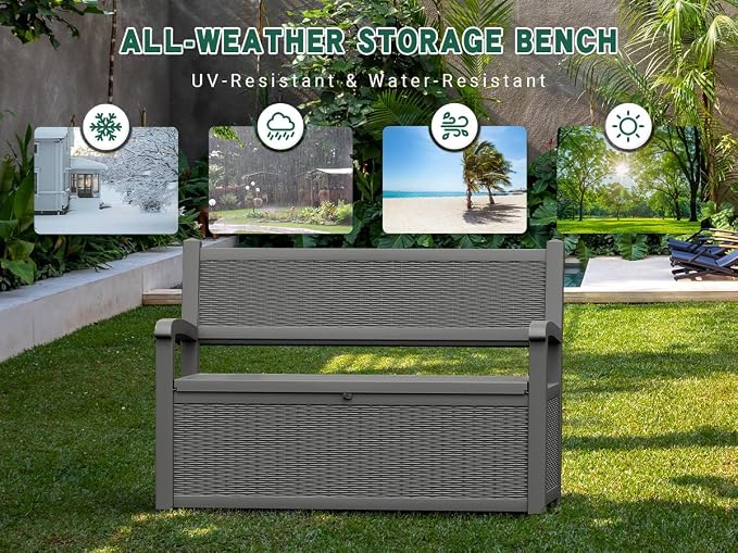 LHBcraft 70 Gallon Outdoor Storage Bench Deck Box Lockable for Patio Furniture, Outdoor Porch Bench with Storage Waterproof for Cushions, Garden Tools and Pool Supplies, Grey