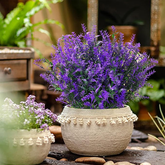 XLFAQXM 8 Pack Artificial Plants Flowers Grass Shrubs Lavender No Fade Faux Plastic Flowers Outdoor for Farmhouse Garden Porch Patio Indoor Wedding Decoration Greenery Fake Plants uv Resistant