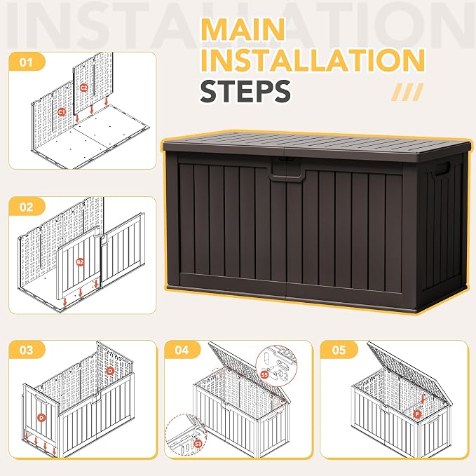 240 Gallon HDPE Deck Box Outdoor Indoor Waterproof Storage Box for Patio Furniture, Pool Accessories, Garden Tools, and Cushion Storage, Brown