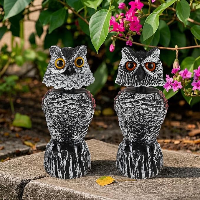 Hausse 2 Pack Fake Owl Decoy Bird Scarecrow Sculpture, 11.2 inch Wagging Head Plastic Owl Scare Birds Away, Owls Statue Nature Enemy Horned Pest Repellent for Outdoor Garden Yard