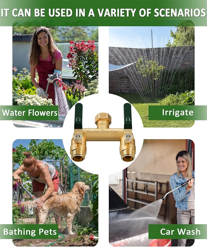 Hose Splitter 2 Way Heavy Duty, Full Flow Garden Hose Splitter with 2 Long Metal Handles, Brass Rust and Freeze Resistant Water Hose Bib Splitter, T Adapter Connector with 3/4 - Inch GHT Thread(Green)