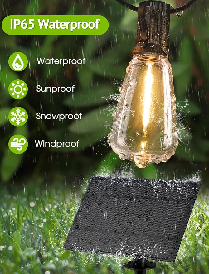 Larkvue 96FT(2x48FT) Solar Outdoor String Lights with Remote & Timer, Dimmable Patio Lights with 30+2 Shatterproof ST38 LED Bulbs for Outside-Black