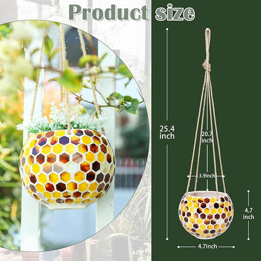 Hanging Planter Mosaic Garden Pot Small Flower Pot for Indoor Plant Disco Ball Hanging Planter with Drainage Yellow Bee
