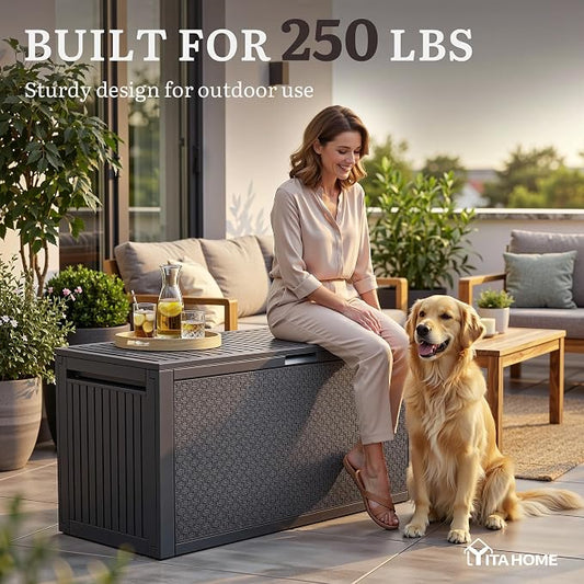 YITAHOME 95 Gallon Outdoor Storage Deck Box | Waterproof Resin Deck Box w/Handles, Lockable Outdside Deck Box for Patio Furniture, Garden Tools, Lockable & UV
