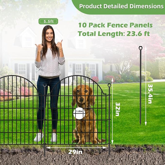 10 Panels No Dig Decorative Garden Fence, 32in (H) x 23.6ft (L) Outdoor Animal Barrier Fencing with Ground Stakes, Temporary Rustproof Metal Wire Panel Border for Rabbit,Dog