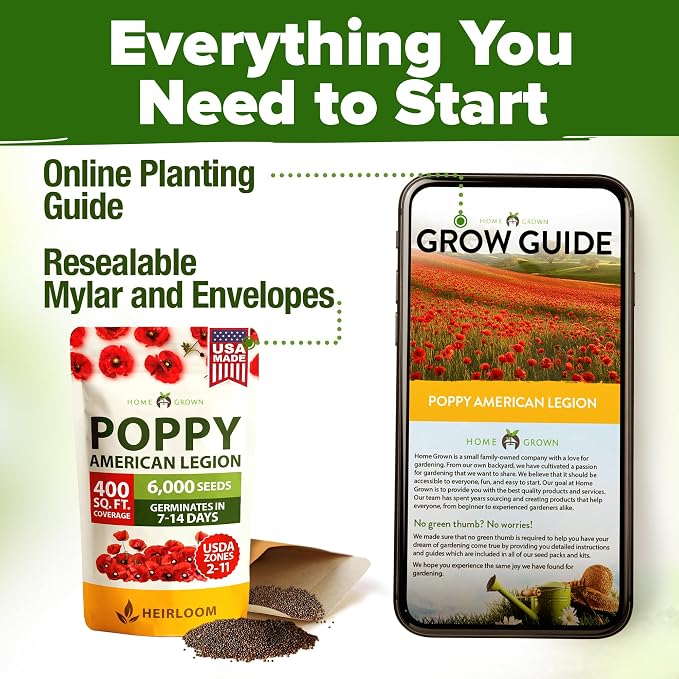 HOME GROWN American Legion Red Poppy Seeds - 6,000 Vibrant Wildflower Seeds for Planting Outdoors - Annual Poppy Flowers - Memorial Garden & Pollinator Friendly (Papaver rhoeas)