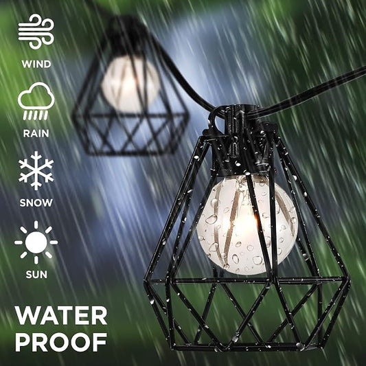 JONATHAN Y 10' Black LED String Lights, 10-Light Indoor/Outdoor Set for Patio Deck, Modern Iron Diamond Cage Shade, Weather-Resistant, Connectable, UL Listed JYL8705A