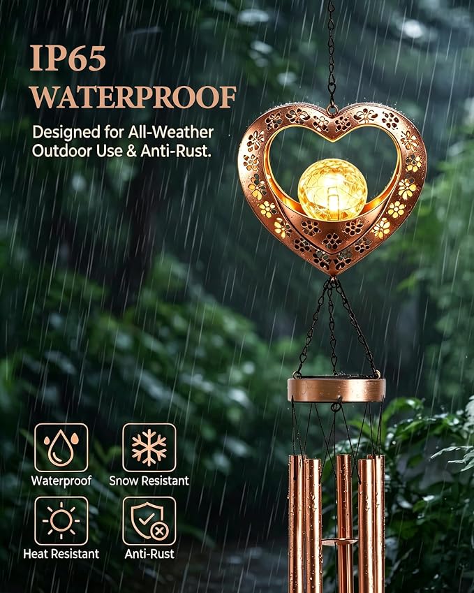Nacome Solar Heart Wind Chimes for Outside: Weatherproof Metal Outdoor Decor Easy Hanging for Garden Patio Tree Window - Melodious Mother's Day Birthday Gifts for Mom Women Mom Grandma Her Wife
