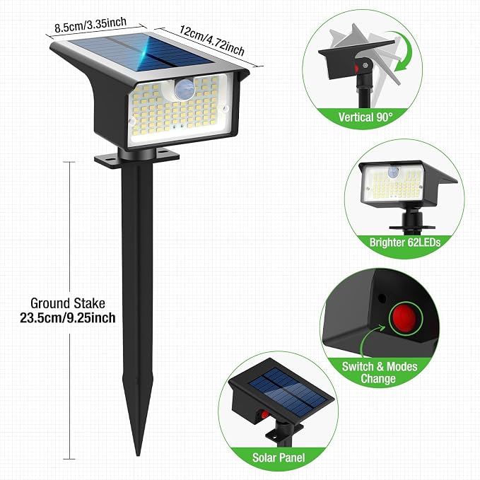nipify 10 Pack 62 LED Solar Spot Lights Outdoor Motion Sensor with 3 Modes | 2-in-1, Auto ON/OFF, Solar Powered, Waterproof Landscape Spotlights for Outside Yard Wall Garden, Cool White