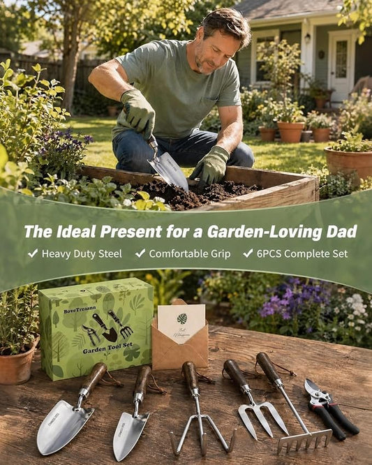 Garden Tool Set, 6PCS Heavy Duty Stainless Steel Gardening Hand Tools with Ropes, Includes Hand Cultivator Shovel Trowel Transplanter 2-in-1 Hoe Pruner, Ideal Gardening Gifts for Women Men (Upgrade)