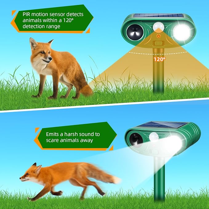 4PACK Solar Animal Repeller Outdoor for Deer Cat Rabbits Raccoons Fox,Ultrasonic Squirrel Deterrent with Motion Sensor and Flashing LED, Waterproof Animal Repellent Garden Yard Farm