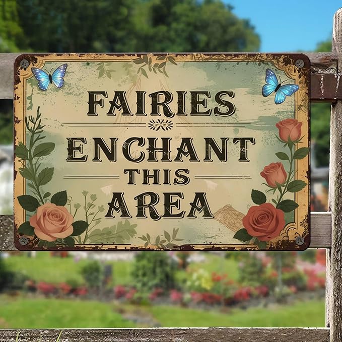 PEACHGARDEN Fairy Whimsical Metal Tin Sign Enchanted Fairy Vintage Wall Art Decor for Garden Patio Yard Plant Room Greenhouse She Shed 8x12 inch
