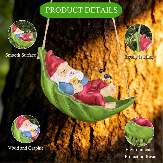 Gnome Garden Deko Outdoor Statues, Bird Flowers Resin Hanging Tree Gnomes Decorations Ornaments Figurines for Outside Backyard Art Decor