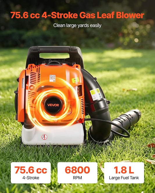 VEVOR Backpack Leaf Blower, 75.6CC 4-Stroke Engine Gas Powered Leaf Blower with 1.8L Fuel Tank, 615 CFM Air Volume, 179 MPH Air Speed, Ideal for Lawn Care, Leaves Cleaning, Yard Debris & Snow Removal | 1.8L Fuel Tank, 615 CFM Air Volume, 179 MPH Air Sp...