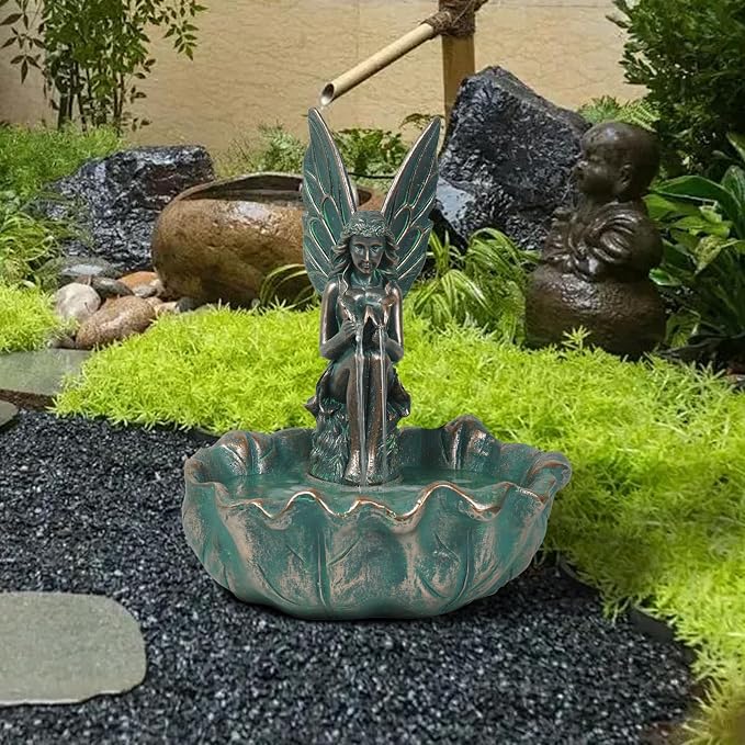 ZMG 14" Angel Fairy Outdoor Water Fall Fountain, Durable Resin Garden Fountain for Home Decor, Office, Gardens, Landscaping, Patios, Balconies, Bronze, Gift Ideas