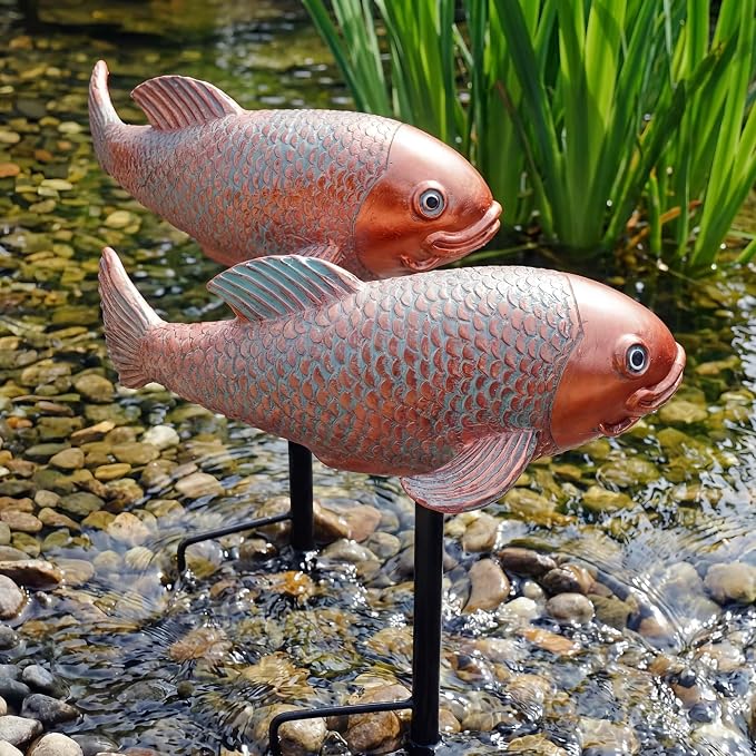Set of 2 Antique Koi Statue - Resin Real Fish Garden Sculpture, Elegant Live Fish Pond Decor for Patio, Backyard,Unique Outdoor Ornaments