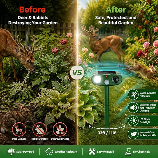 4Pack Sonic Fortress Pro Deer Repellent Devices to Protect Hostas&Plants,Solar Ultrasonic Animal Repellent with Flash Light&Motion Activated for Garden,Yard,Keep Rabbit,Squirrel Away 2026