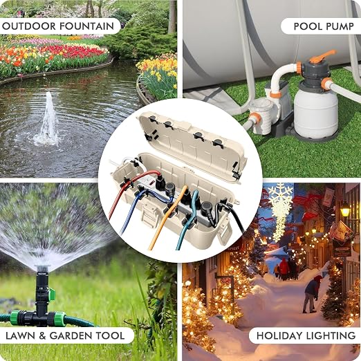 RESTMO Outdoor Electrical Box, IP54 Weatherproof Extension Cord Cover with 6 Cable Entry Ports, Waterproof Connection Box Protect Power Strip, Timer, Plug, Holiday Lights, (11.5x5.2x4 inch), Almond