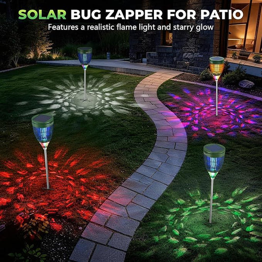 Solar Bug Zapper Outdoor Waterproof with Flame Effect Light, 10 Starry Ambient Light with Breathing Effect Height Adjustable with Ground Stake for Patio, Garden, Yard & Pathway (Green)