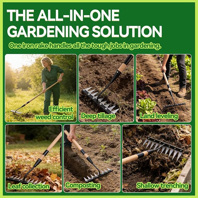 Gardenia 9-Tine Iron Weeding Rake, Heavy Duty Weed Puller for Garden Soil | Carbon Steel, 3 Adjustable Wooden Handle Lengths 31"-63", for Lawn, Yard & Farm Weeding, Soil Loosening, Debris Clearing