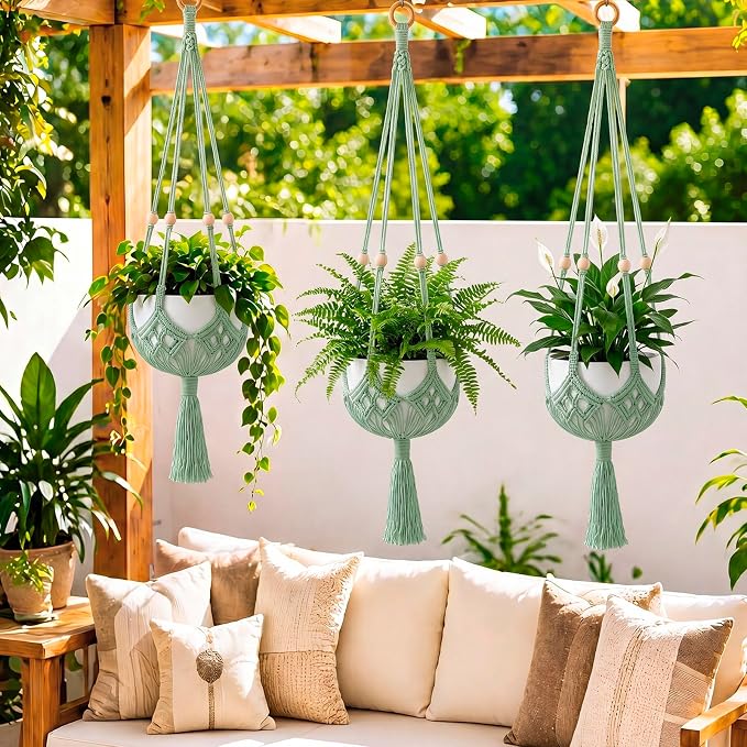 Shappy 1 Pack Boho Macrame Plant Hanger, Large Hanging Planter Plant Holder Pot Hanger Hanging Basket Wall Planters, Plants Lover Gift for Indoor Garden (Wooden Ring and Wooden Beads,Sage Green)