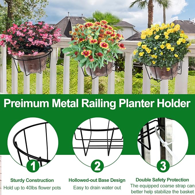 Adjustable Hanging Railing Planter, 6 Pack Fit 1.5 to 4.5 Inches Railing, Weather-Resistant Metal Balcony Rail Planters, Work for Outdoor Fence Deck Garden Patio Halloween Christmas Decor