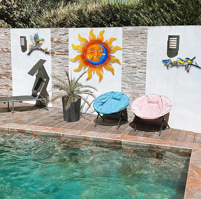 25.7'' Large Size Metal Sun Outdoor Wall Art Decor, Sun&Moon Outside Metal Art Rust Proof Wall Sculpture, Ideal for for Yard, Bedroom, Patio, Garden, Fence, Deck Pool Home and Farmhouse (Large sun)
