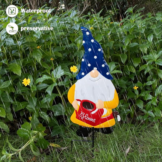 Garden Gnome Decorative Stake, Metal Watering Elf Silhouette Art | Outdoor Iron Watering Can Yard Silhouette, Waterproof Weather Resistant Elf Lawn Ornament for Patio Porch Wall Art