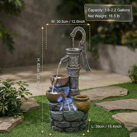 32 Inch Large Outdoor Fountain with Vintage Pump Design, Freestanding Resin Waterfall Feature, Weather Resistant Construction for Patio Yard Garden Backyard Entryway Decor