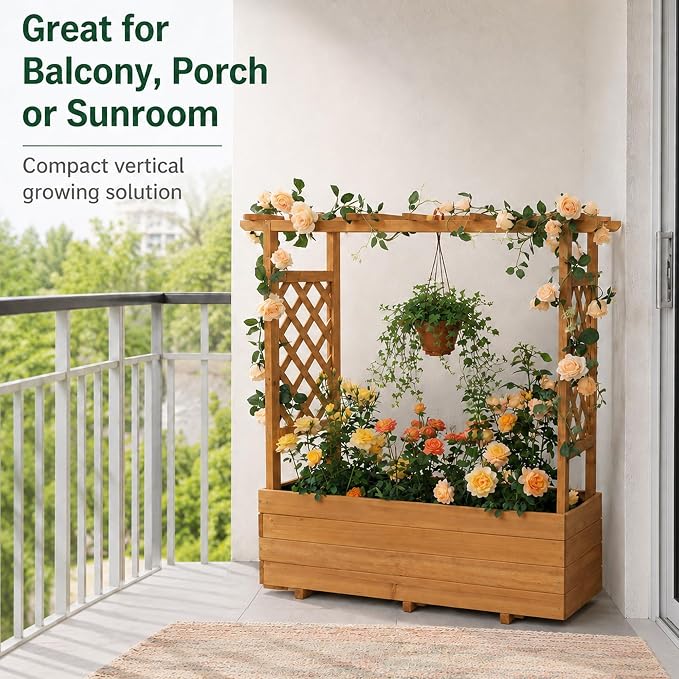 Raised Garden Bed with Arch Trellis & Hanging Roof for Climbing Plants