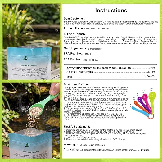 Biological Mosquito Control Pouches Dissolves in Water with Measuring Spoon Treats Up to 18744 Gallon 4.25% S-Methoprene IGR Larvae Won't Harm Fish Birds EPA Certified Rain Bath Pool 142g