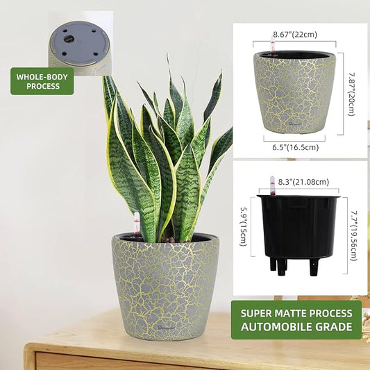 Dexceder 9x8 Self Watering Planter (Grey Gold Crackle) | Inner Pot Design, Thickened Table Flower Plant Pot with Water Level Indicator Indoor Outdoor