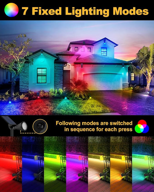 Solar Spot Lights Outdoor Color Changing, 7 Modes/14 LED Outdoor Solar Lights for Yard, Waterproof RGB Multicolor Solar Landscape Spotlights Auto On/Off for Flood, Yard, Tree, Pathway, 10 Pack