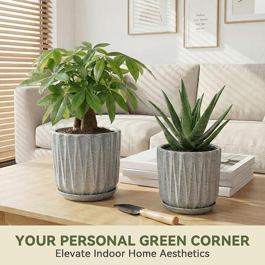 10 Inch Ceramic Planter Pot with Saucer Drainage Leak-Proof Mesh,Flower Pots for Indoor Plants with Gardening Gloves,Ceramic Planter(Stone Grey)
