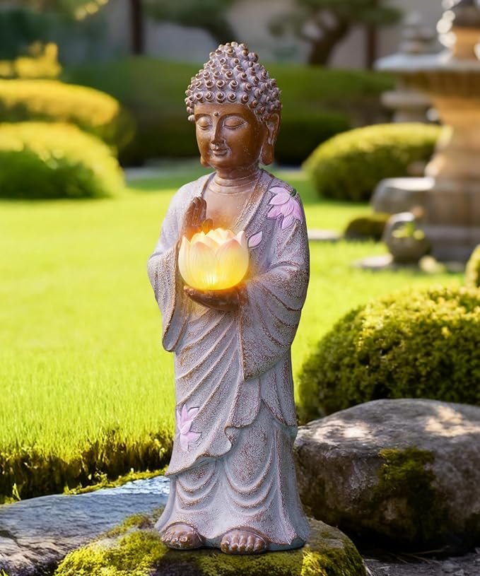 Nacome Solar Buddha Garden Statue Decor: Standing Resin Figurine with Lotus Flower Light Zen Sculpture for Patio Lawn Yard Porch Balcony Meditation Space - 11 inches(White)