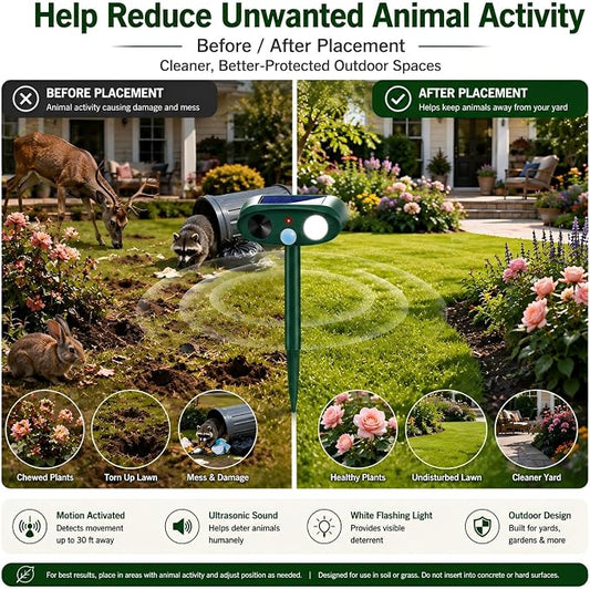 4Pcs Sonic Fortress Pro Deer Repellent Device,Solar Animal Repeller Outdoor | Motion Activated Cat Deterrent Racoon Squirrel Fortress Pro with Strobe Light,USB Charging Skunk Repellent for Yard Garden