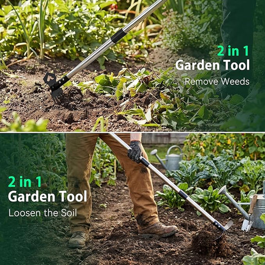 60" Weed Puller Tool with Long Handle, 2-in-1 Weed Rake & Garden Hoe, Stand Up Weeding Tools Gardening, Heavy Duty Steel Weeder Tool, Manual Uprooting Weed Remover Tool for Yard, Lawn, Patio, Garden