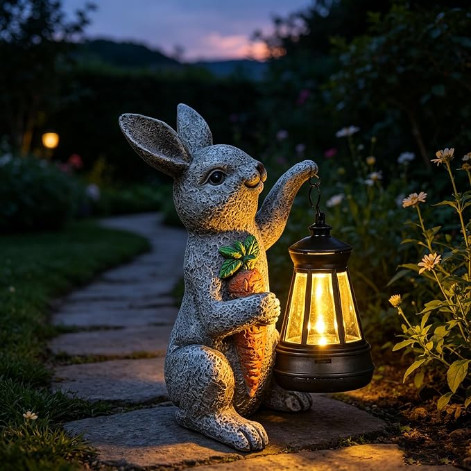 Garden Statues Rabbit Solar Lantern Outdoor Handmade Resin Statue Bunny with Cute Carrot for Patio, Yard, Mother's Day Gift Ideas