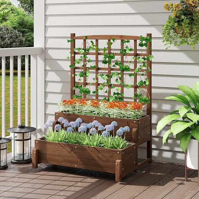 DREAMADE Fir Wood Raised Garden Bed with Trellis, 2-Tier Wooden Elevated Planter Box w/Drainage System, Garden Trellis for Flower, Vegetable, Fruit & Herb (2)