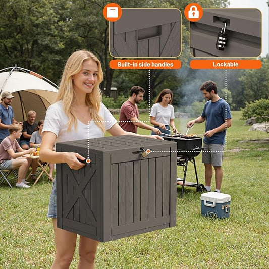 42 Gallon Outdoor Storage Box, Lockable Resin Deck Box for Patio, Yard, and Poolside, Waterproof & Sunproof Organizer for Furniture, Tools, Pool Supplies, Brown