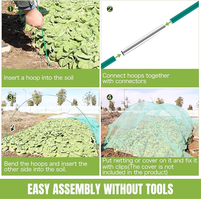 72 Pack Garden Hoops for Raised Beds, 12 Sets Fiberglass with PVC | Durable, Rust-proof, DIY greenhouse tunnel, For row cover, Bird netting, Plant frost protection, Extends growing season
