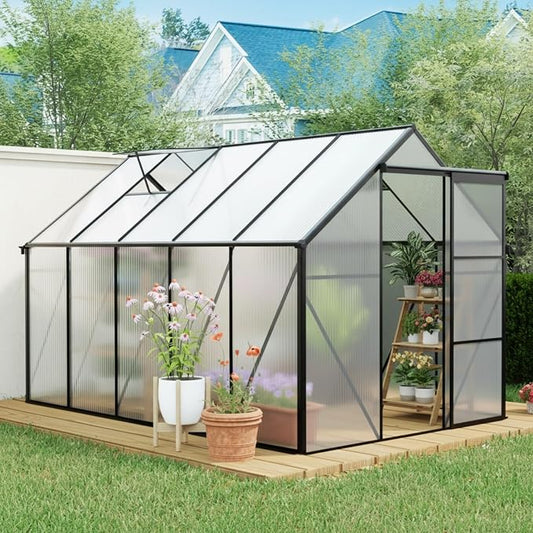 6x10 FT Greenhouse, Walk-in Polycarbonate Greenhouses with Sliding Doors, Aluminum Frame, Adjustable Roof Vent, Raised Base & Anchor, Outdoor Backyard Greenhouse for All Seasons, Black