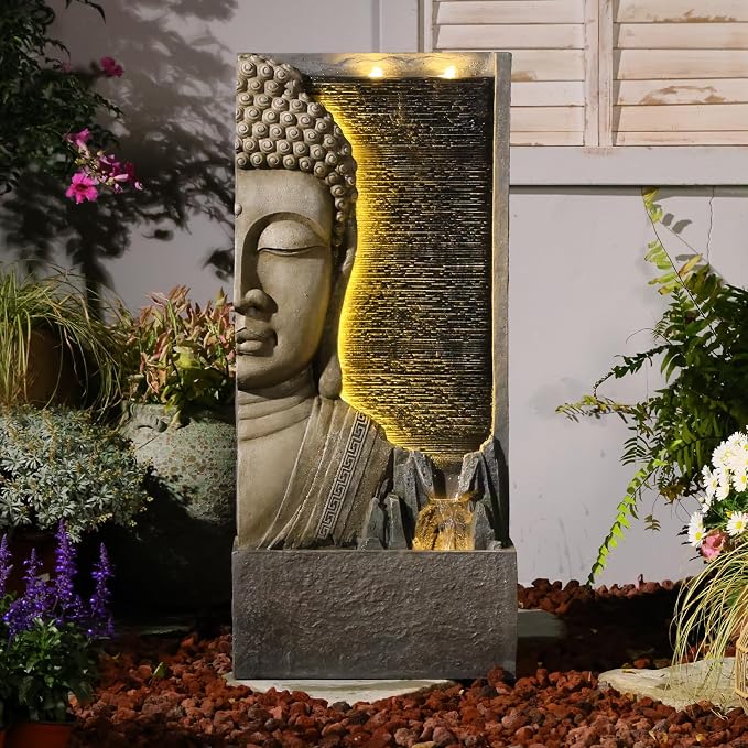 Tankana 47.5" Buddha Water Fountain Outdoor with LED Lights, Large Zen Garden Waterfall Feature with Double Bubblers and Stream, Resin Statue for Patio, Yard, Porch, Meditation Decor