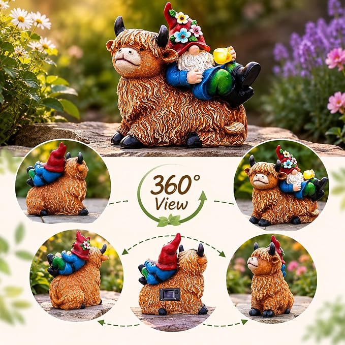 Pohabery Garden Gnomes Decor Outdoor Statues, Gnome on Highland Cow with Solar Cup Light, Patio Yard Decor, Gift for Mom Women Garden Lovers(M