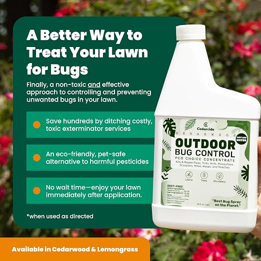Cedarcide Outdoor Bug Control | Kills & Repels Mosquitoes, Ticks, Fleas, Mites & More with Natural Essential Oils | Family & Pet-Safe | PCO Choice | Lemongrass Gallon with Sprayer