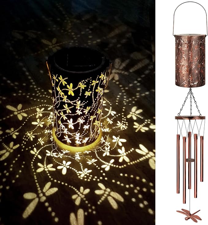 YHmall Solar Wind Chimes for Outside, Dragonfly Gifts for Women Mom Grandma Solar Lantern Windchimes Outdoors, Memorial Wind Chimes for Patio Yard Garden Christmas Decor