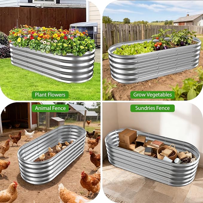 17" Tall Oval-Shaped / Elliptic Metal Raised Garden Bed Outdoor Silver | 60X24X17 Inch,1.5 FT Tall,0.8MM Thick Galvanized Metal,for Variety of Flowers,Herbs,Vegetables.with Gloves,Tool free