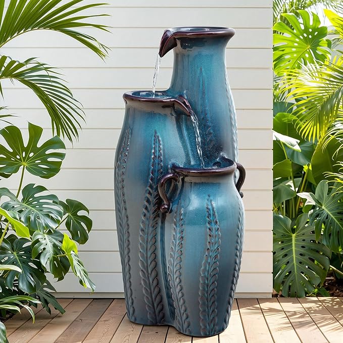 29.5" H Ceramic Outdoor Water Fountain with LED Lights, 3-Tier Vase Cascading Water Feature, Turquoise with Embossed Leaf Patterns, Tranquil Waterfall for Garden, Patio, Yard, or Porch